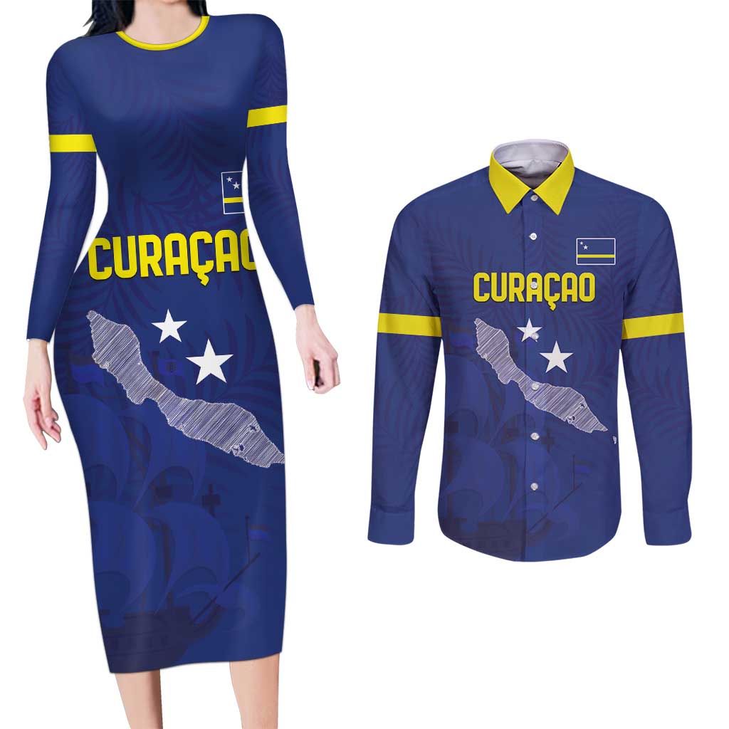 Custom Curacao Football Couples Matching Long Sleeve Bodycon Dress and Long Sleeve Button Shirt La Pantera Negra