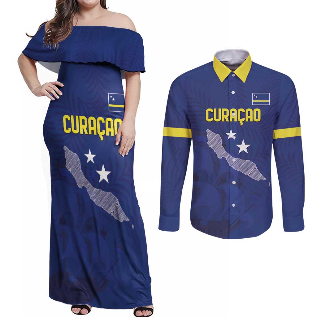 Custom Curacao Football Couples Matching Off Shoulder Maxi Dress and Long Sleeve Button Shirt La Pantera Negra