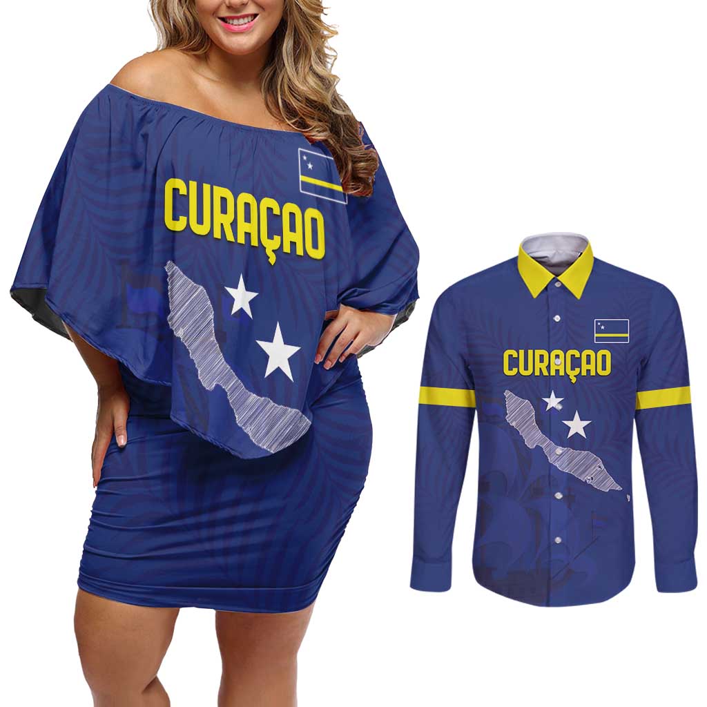 Custom Curacao Football Couples Matching Off Shoulder Short Dress and Long Sleeve Button Shirt La Pantera Negra