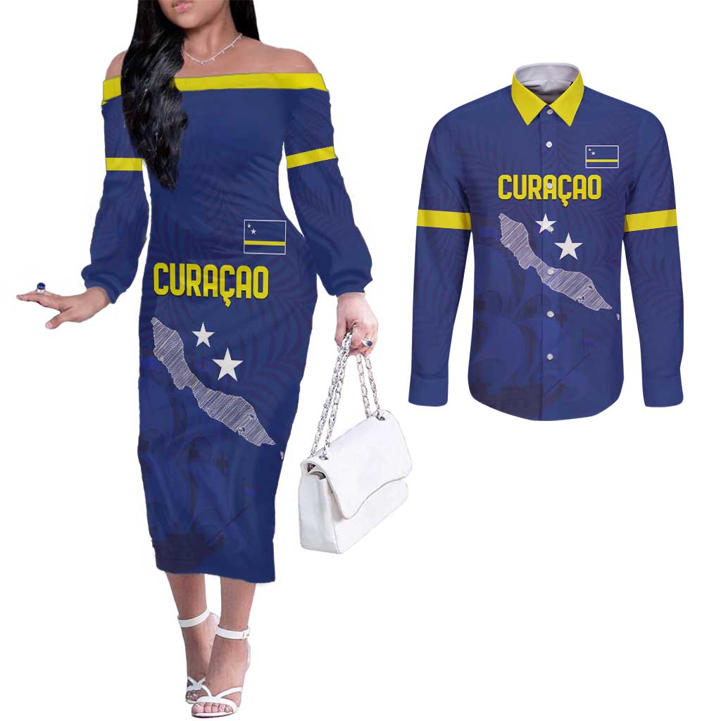 Custom Curacao Football Couples Matching Off The Shoulder Long Sleeve Dress and Long Sleeve Button Shirt La Pantera Negra
