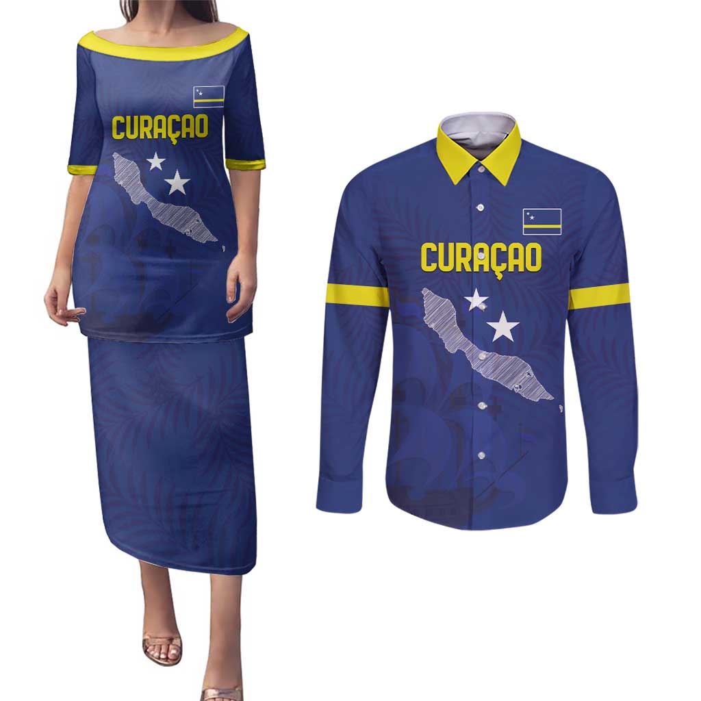 Custom Curacao Football Couples Matching Puletasi and Long Sleeve Button Shirt La Pantera Negra