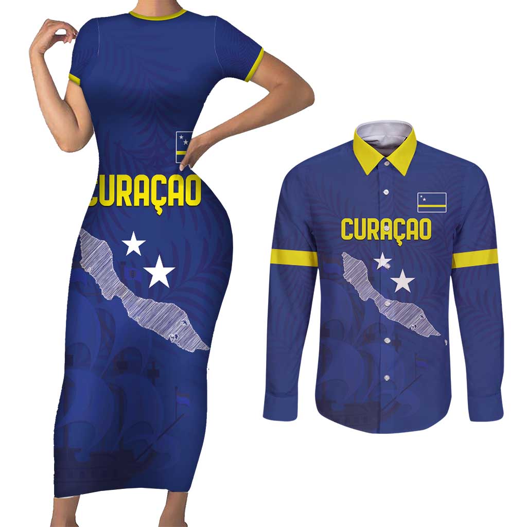 Custom Curacao Football Couples Matching Short Sleeve Bodycon Dress and Long Sleeve Button Shirt La Pantera Negra