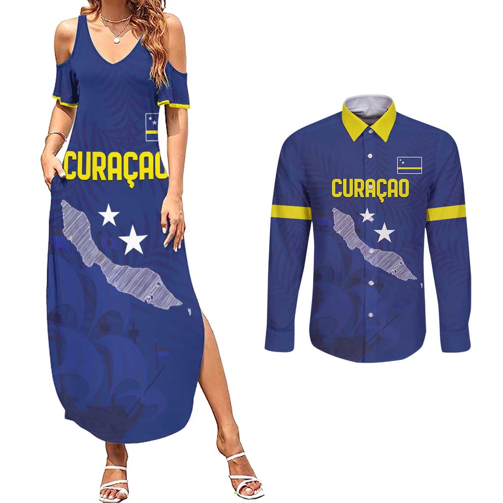 Custom Curacao Football Couples Matching Summer Maxi Dress and Long Sleeve Button Shirt La Pantera Negra