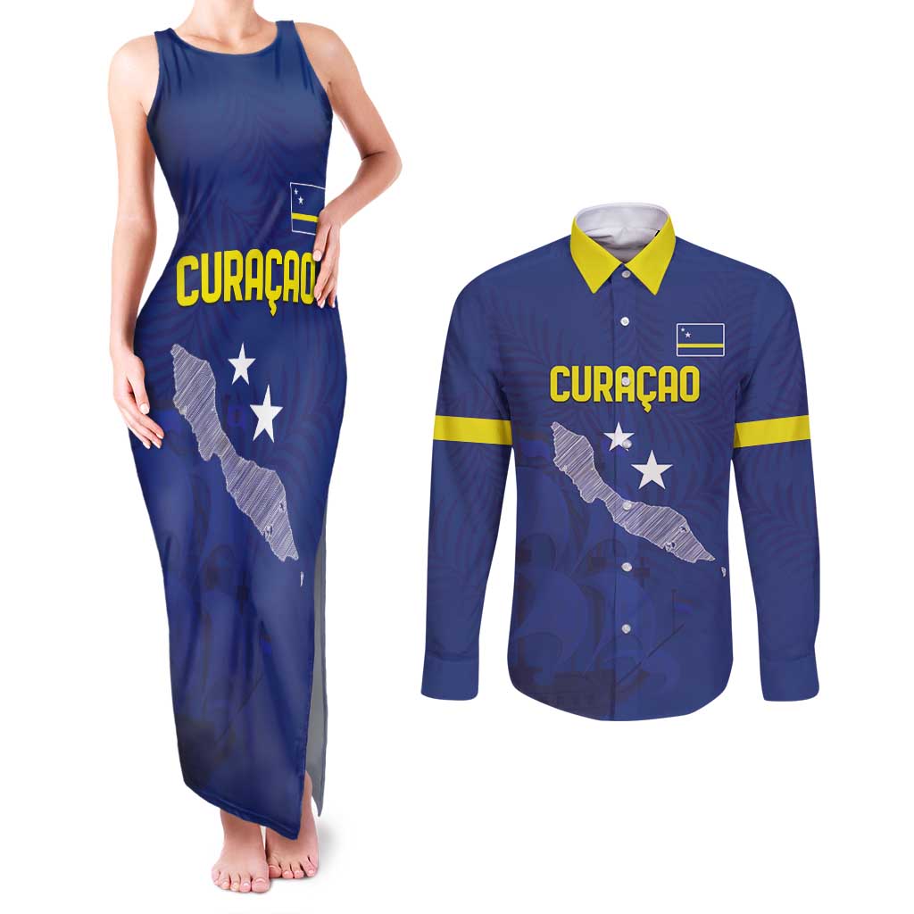 Custom Curacao Football Couples Matching Tank Maxi Dress and Long Sleeve Button Shirt La Pantera Negra