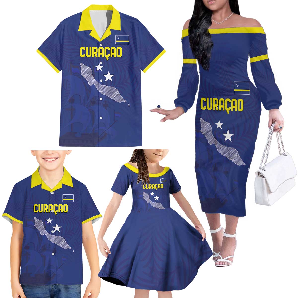 Custom Curacao Football Family Matching Off The Shoulder Long Sleeve Dress and Hawaiian Shirt La Pantera Negra