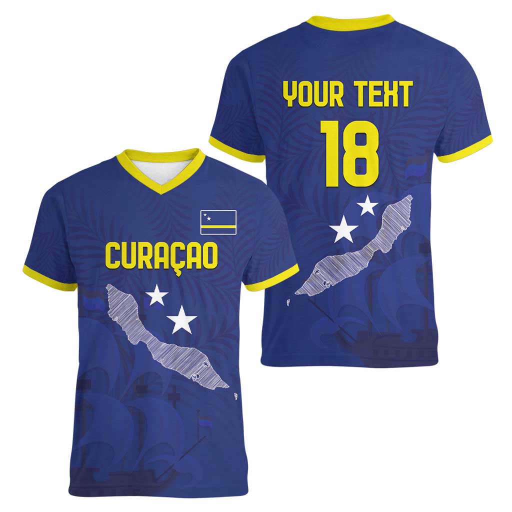 Custom Curacao Football Women V-Neck T-Shirt La Pantera Negra