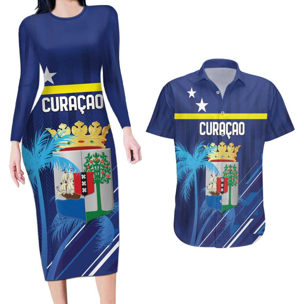Personalized Curacao Flag Day Couples Matching Long Sleeve Bodycon Dress and Hawaiian Shirt Dia di Bandera