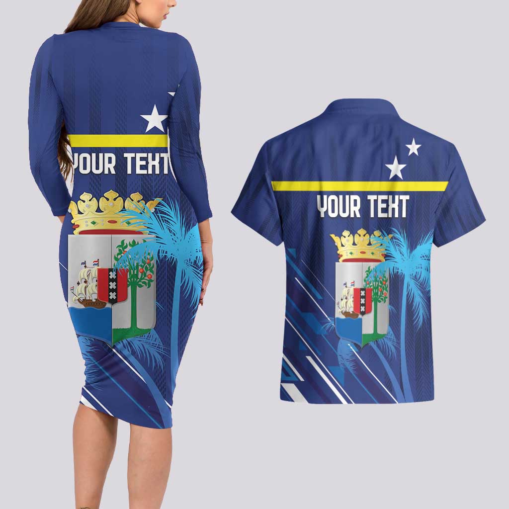 Personalized Curacao Flag Day Couples Matching Long Sleeve Bodycon Dress and Hawaiian Shirt Dia di Bandera