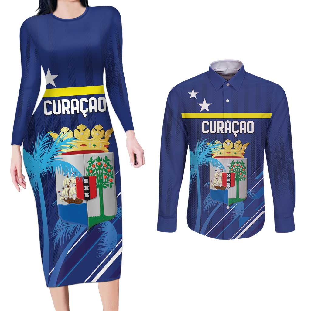 Personalized Curacao Flag Day Couples Matching Long Sleeve Bodycon Dress and Long Sleeve Button Shirt Dia di Bandera