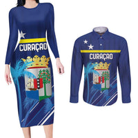 Personalized Curacao Flag Day Couples Matching Long Sleeve Bodycon Dress and Long Sleeve Button Shirt Dia di Bandera