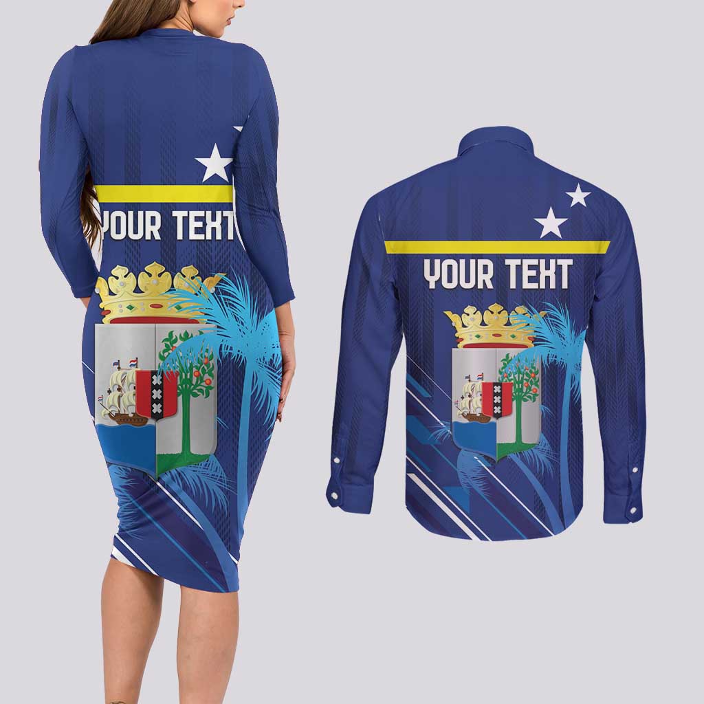 Personalized Curacao Flag Day Couples Matching Long Sleeve Bodycon Dress and Long Sleeve Button Shirt Dia di Bandera