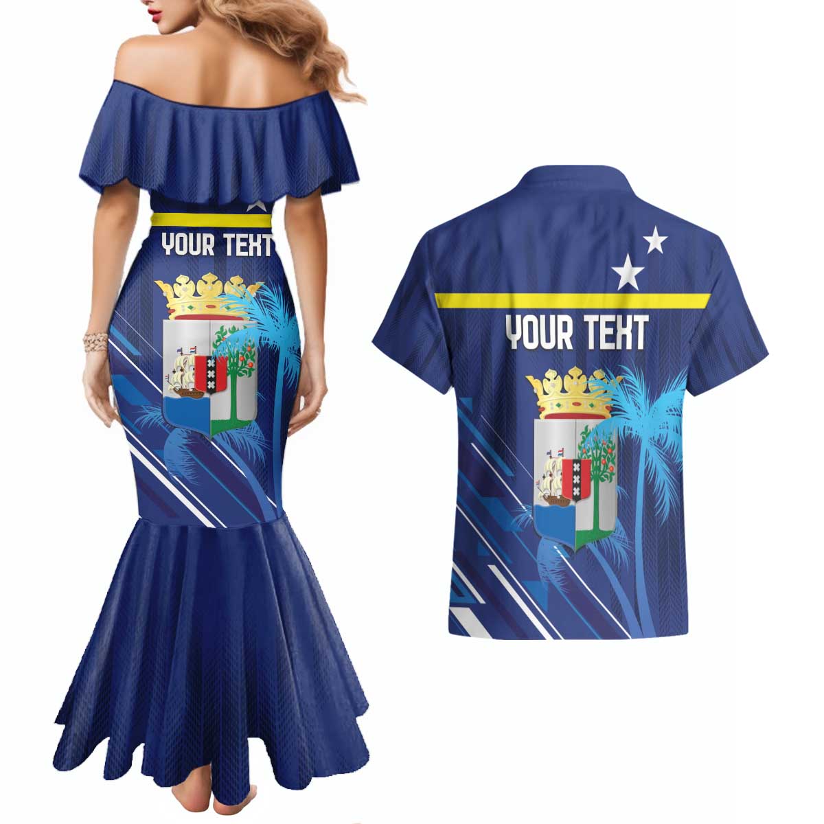 Personalized Curacao Flag Day Couples Matching Mermaid Dress and Hawaiian Shirt Dia di Bandera