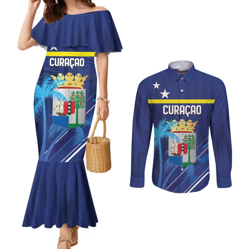 Personalized Curacao Flag Day Couples Matching Mermaid Dress and Long Sleeve Button Shirt Dia di Bandera