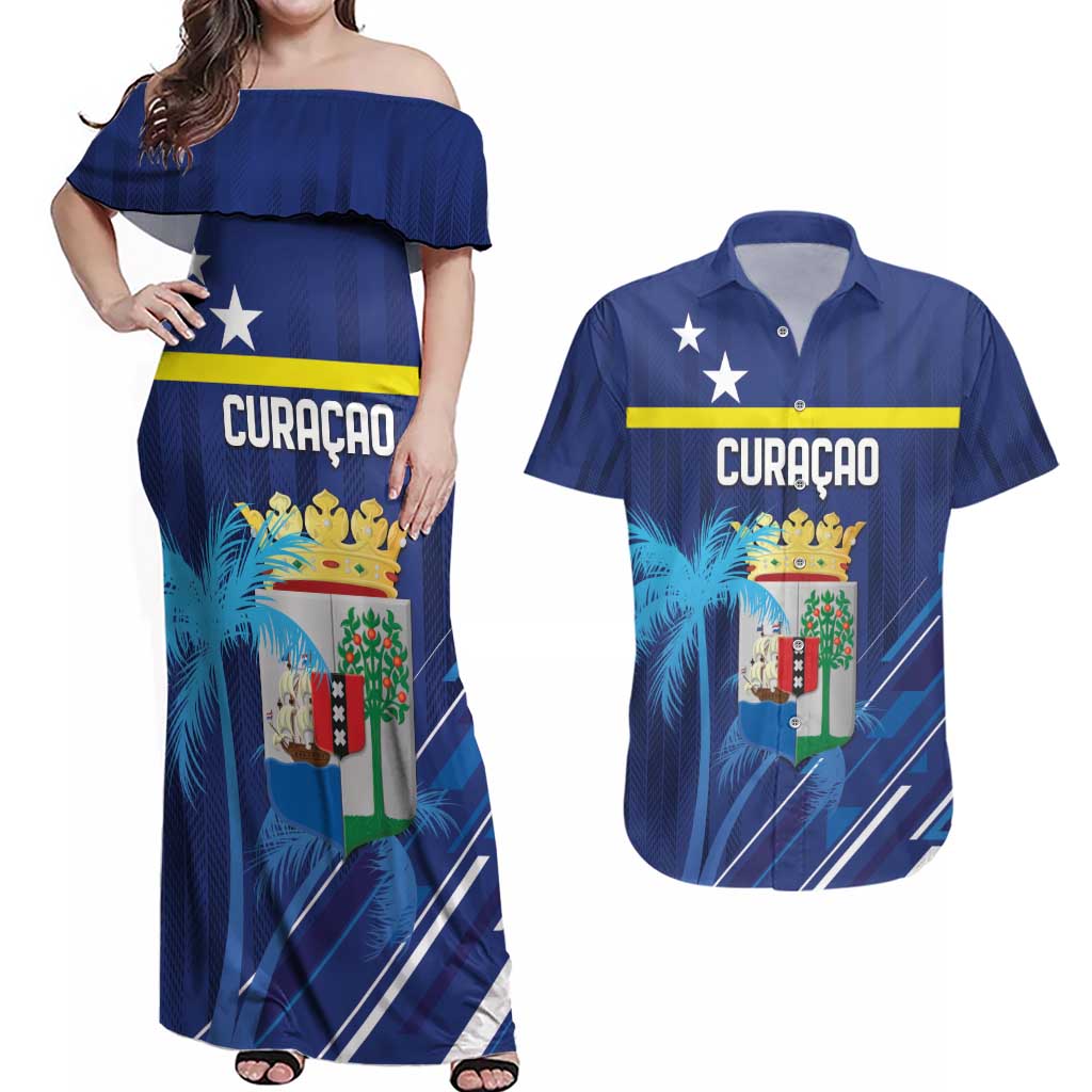 Personalized Curacao Flag Day Couples Matching Off Shoulder Maxi Dress and Hawaiian Shirt Dia di Bandera