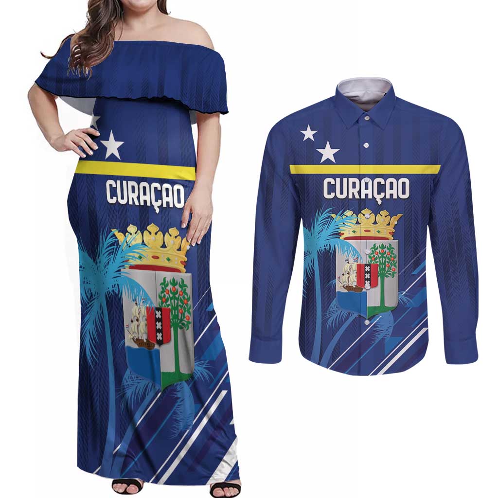 Personalized Curacao Flag Day Couples Matching Off Shoulder Maxi Dress and Long Sleeve Button Shirt Dia di Bandera