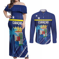 Personalized Curacao Flag Day Couples Matching Off Shoulder Maxi Dress and Long Sleeve Button Shirt Dia di Bandera