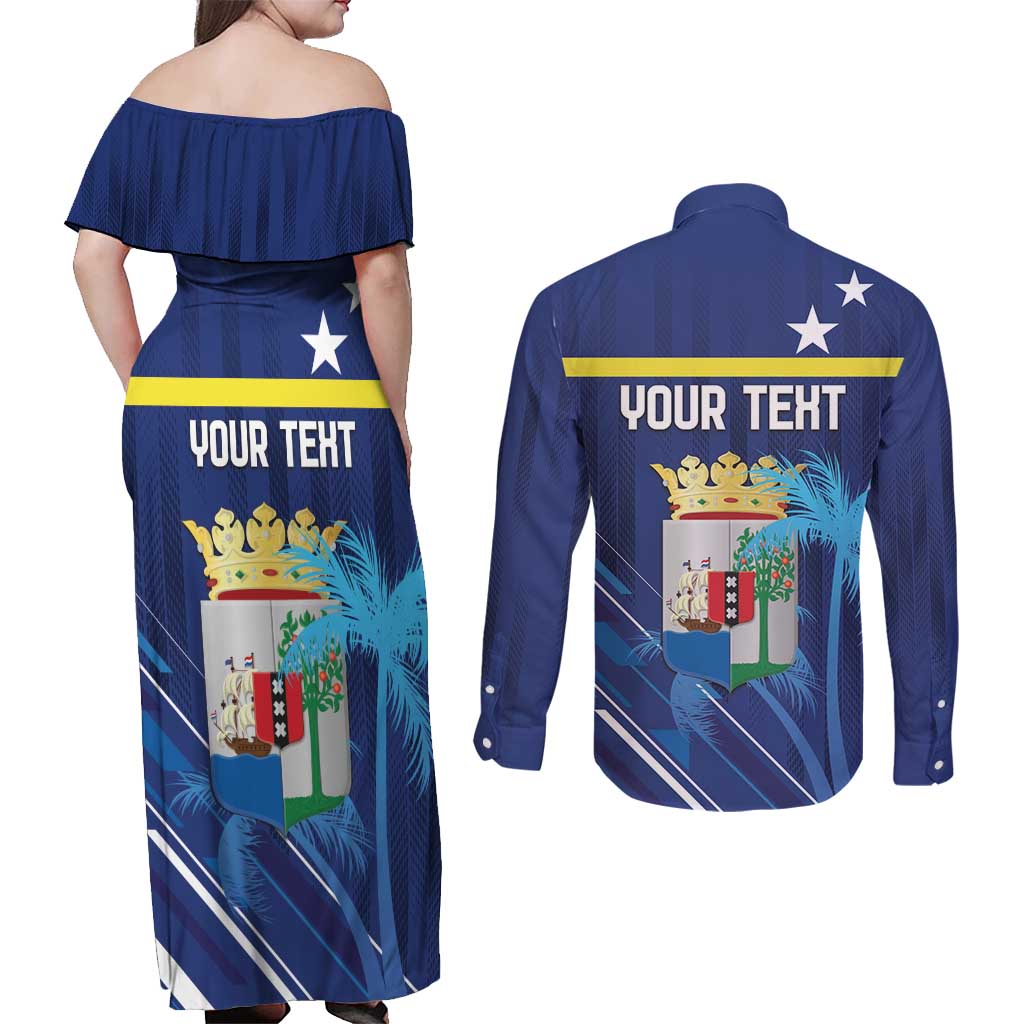 Personalized Curacao Flag Day Couples Matching Off Shoulder Maxi Dress and Long Sleeve Button Shirt Dia di Bandera