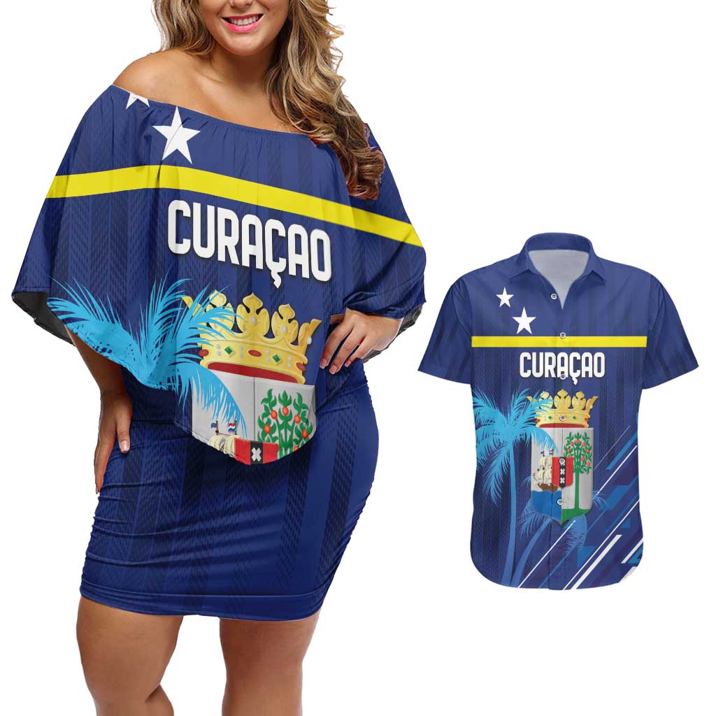 Personalized Curacao Flag Day Couples Matching Off Shoulder Short Dress and Hawaiian Shirt Dia di Bandera