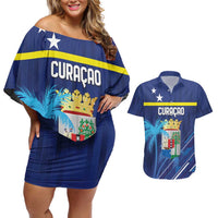 Personalized Curacao Flag Day Couples Matching Off Shoulder Short Dress and Hawaiian Shirt Dia di Bandera