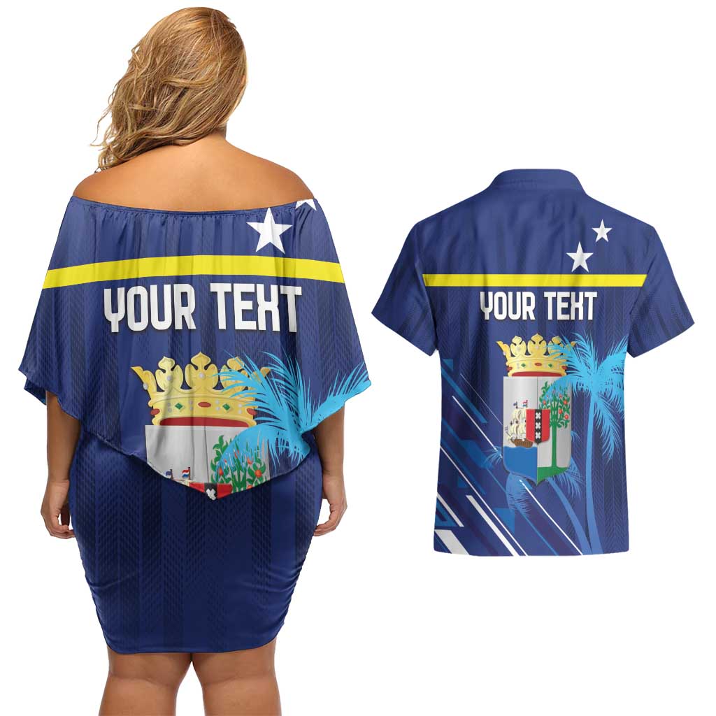 Personalized Curacao Flag Day Couples Matching Off Shoulder Short Dress and Hawaiian Shirt Dia di Bandera