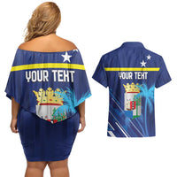 Personalized Curacao Flag Day Couples Matching Off Shoulder Short Dress and Hawaiian Shirt Dia di Bandera