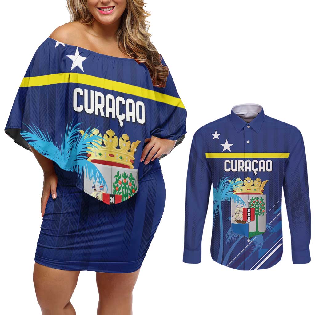 Personalized Curacao Flag Day Couples Matching Off Shoulder Short Dress and Long Sleeve Button Shirt Dia di Bandera