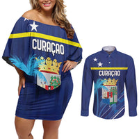 Personalized Curacao Flag Day Couples Matching Off Shoulder Short Dress and Long Sleeve Button Shirt Dia di Bandera