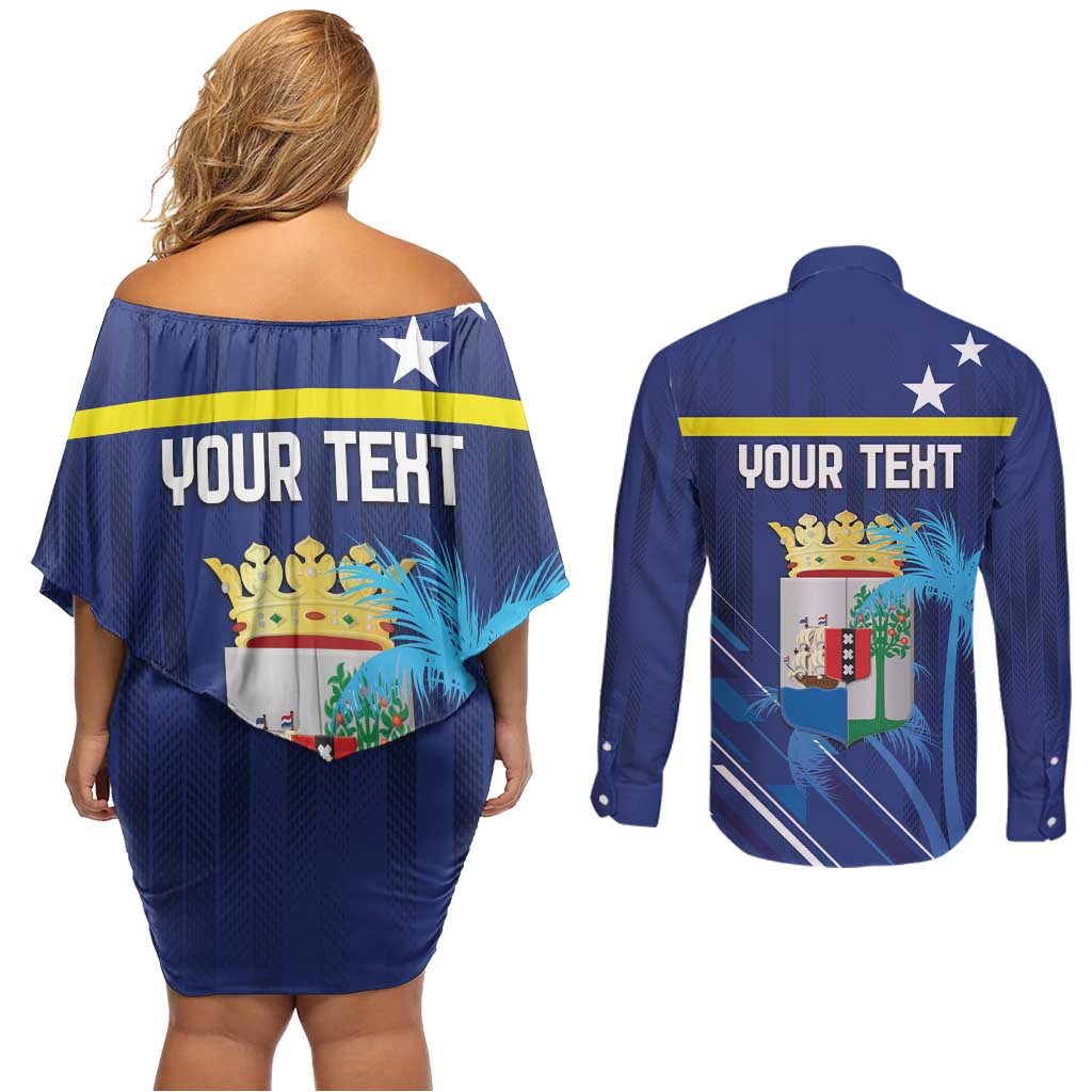 Personalized Curacao Flag Day Couples Matching Off Shoulder Short Dress and Long Sleeve Button Shirt Dia di Bandera