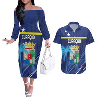 Personalized Curacao Flag Day Couples Matching Off The Shoulder Long Sleeve Dress and Hawaiian Shirt Dia di Bandera