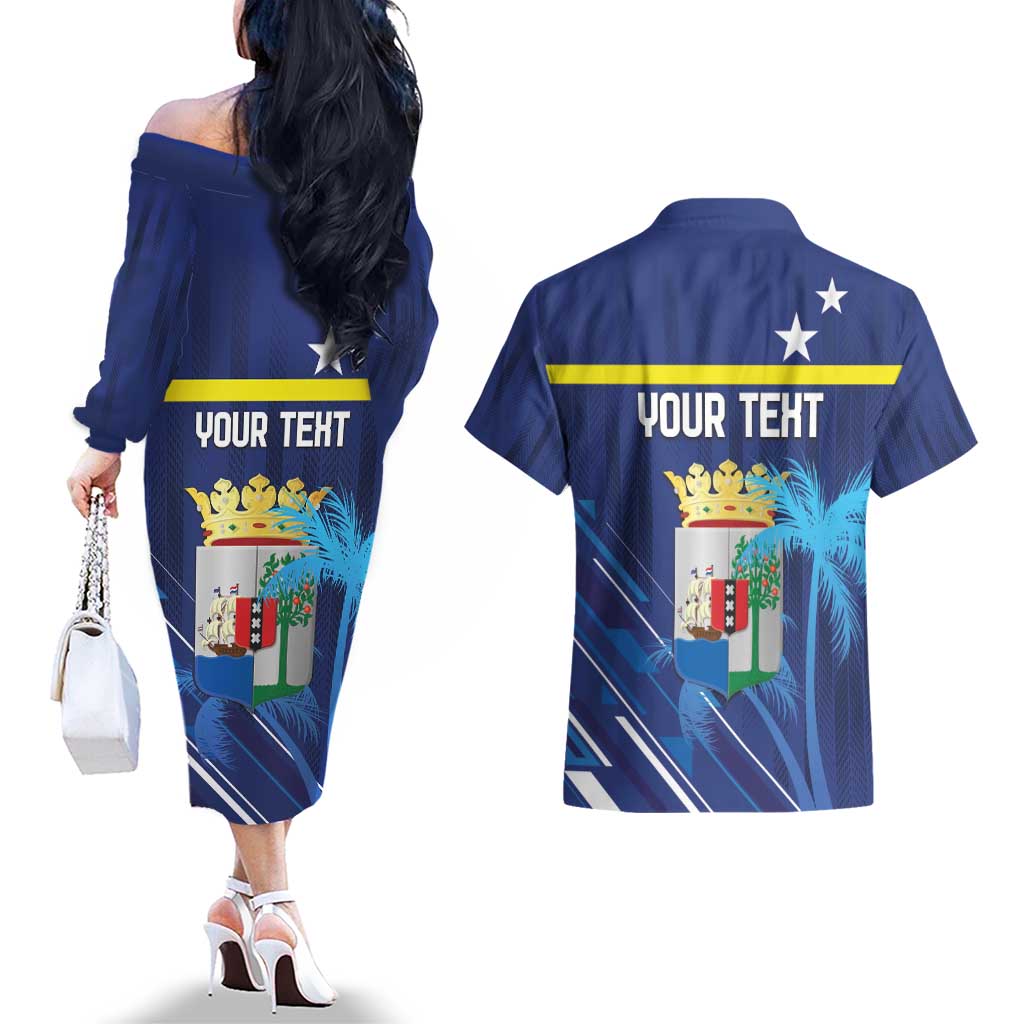 Personalized Curacao Flag Day Couples Matching Off The Shoulder Long Sleeve Dress and Hawaiian Shirt Dia di Bandera