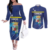 Personalized Curacao Flag Day Couples Matching Off The Shoulder Long Sleeve Dress and Long Sleeve Button Shirt Dia di Bandera