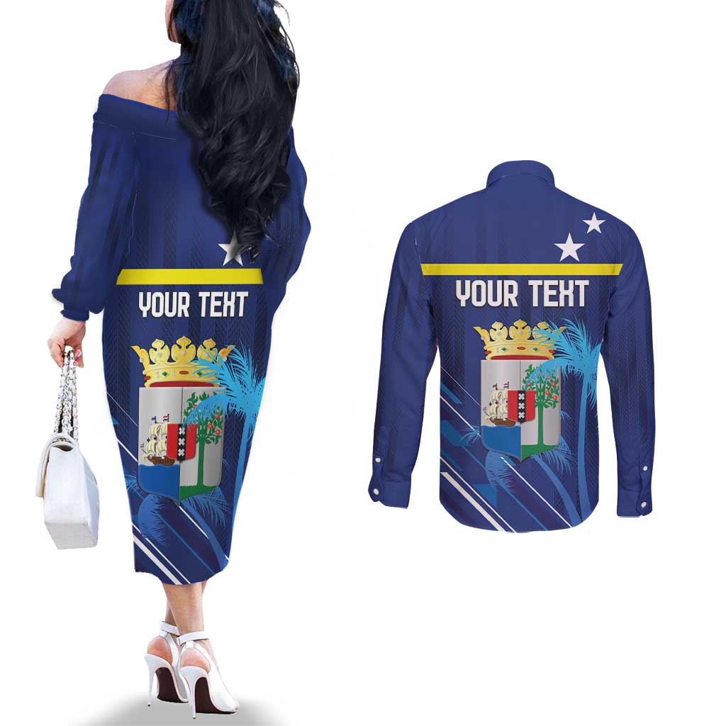 Personalized Curacao Flag Day Couples Matching Off The Shoulder Long Sleeve Dress and Long Sleeve Button Shirt Dia di Bandera