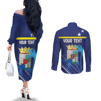 Personalized Curacao Flag Day Couples Matching Off The Shoulder Long Sleeve Dress and Long Sleeve Button Shirt Dia di Bandera