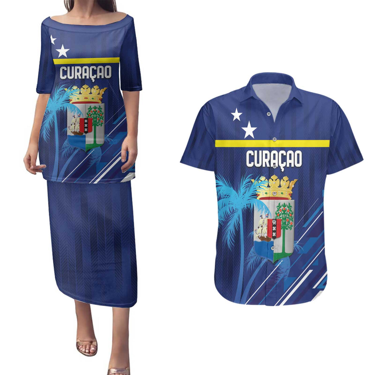 Personalized Curacao Flag Day Couples Matching Puletasi and Hawaiian Shirt Dia di Bandera