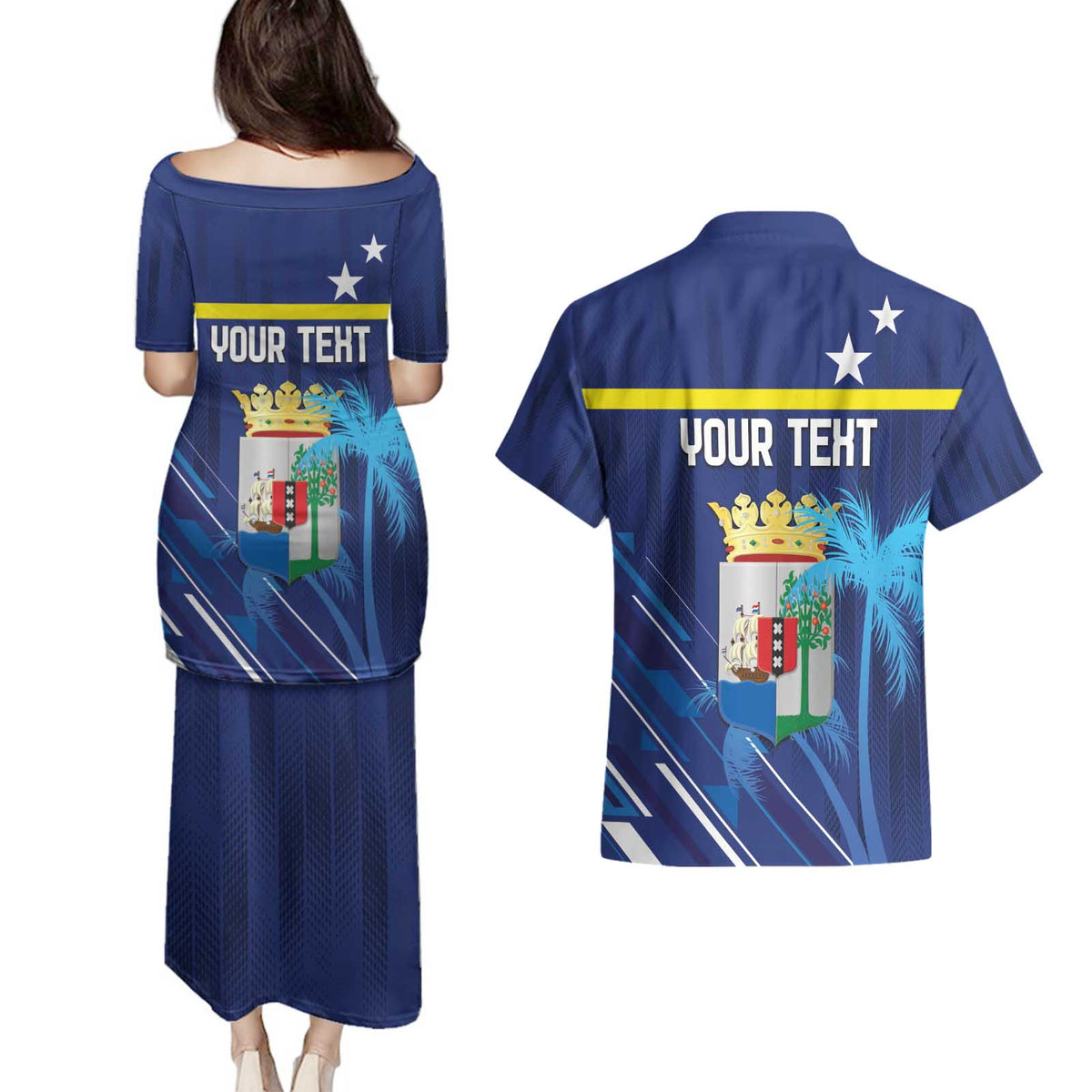 Personalized Curacao Flag Day Couples Matching Puletasi and Hawaiian Shirt Dia di Bandera