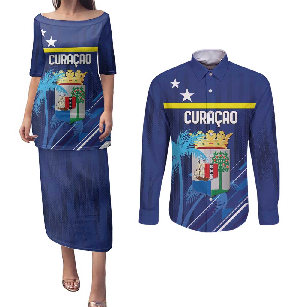 Personalized Curacao Flag Day Couples Matching Puletasi and Long Sleeve Button Shirt Dia di Bandera