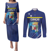Personalized Curacao Flag Day Couples Matching Puletasi and Long Sleeve Button Shirt Dia di Bandera