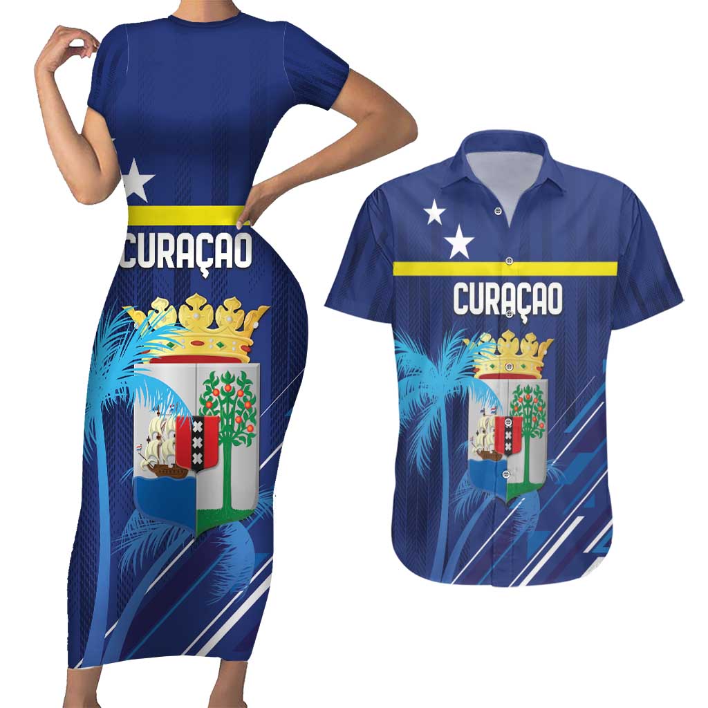 Personalized Curacao Flag Day Couples Matching Short Sleeve Bodycon Dress and Hawaiian Shirt Dia di Bandera
