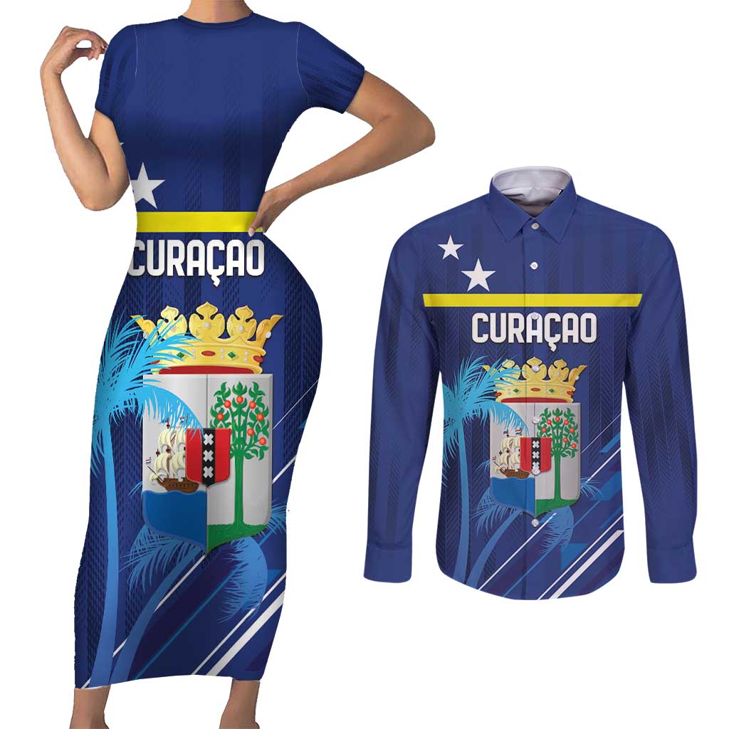 Personalized Curacao Flag Day Couples Matching Short Sleeve Bodycon Dress and Long Sleeve Button Shirt Dia di Bandera