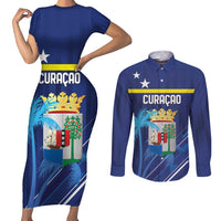 Personalized Curacao Flag Day Couples Matching Short Sleeve Bodycon Dress and Long Sleeve Button Shirt Dia di Bandera