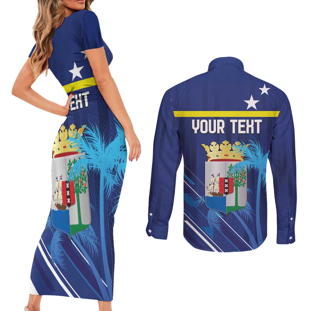 Personalized Curacao Flag Day Couples Matching Short Sleeve Bodycon Dress and Long Sleeve Button Shirt Dia di Bandera
