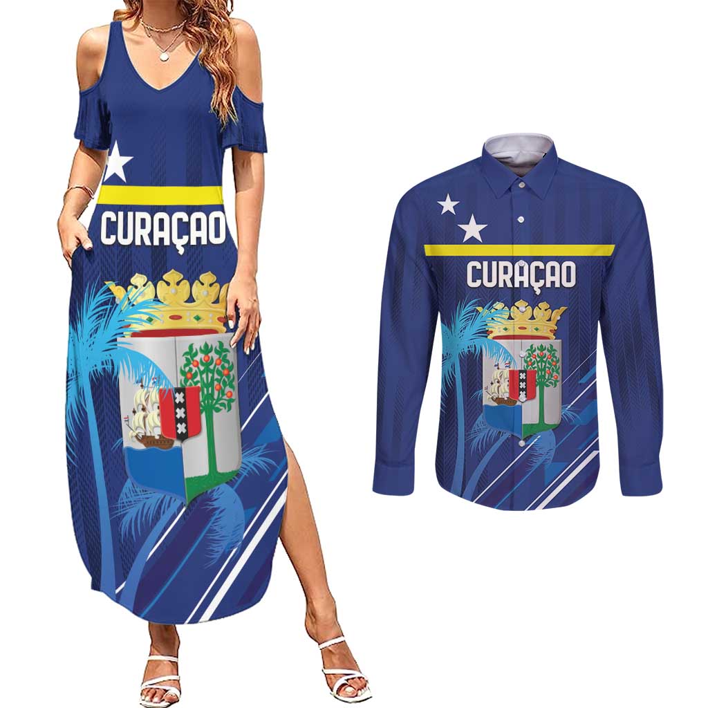 Personalized Curacao Flag Day Couples Matching Summer Maxi Dress and Long Sleeve Button Shirt Dia di Bandera