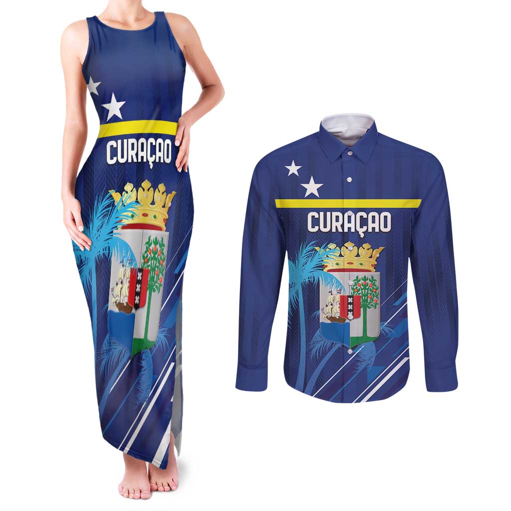 Personalized Curacao Flag Day Couples Matching Tank Maxi Dress and Long Sleeve Button Shirt Dia di Bandera