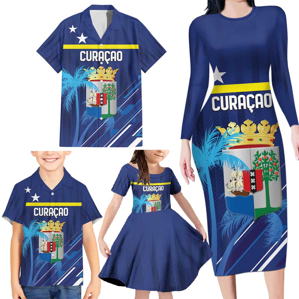 Personalized Curacao Flag Day Family Matching Long Sleeve Bodycon Dress and Hawaiian Shirt Dia di Bandera