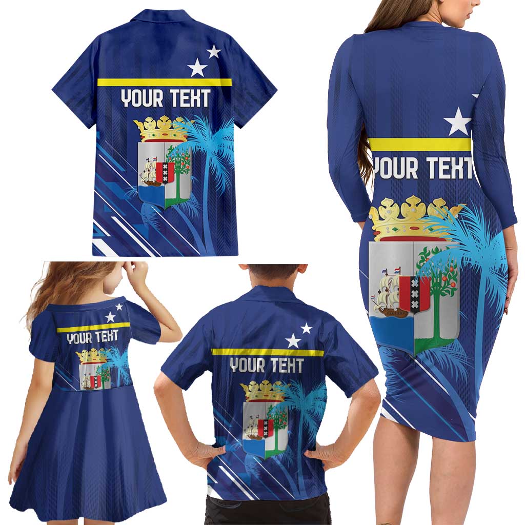 Personalized Curacao Flag Day Family Matching Long Sleeve Bodycon Dress and Hawaiian Shirt Dia di Bandera