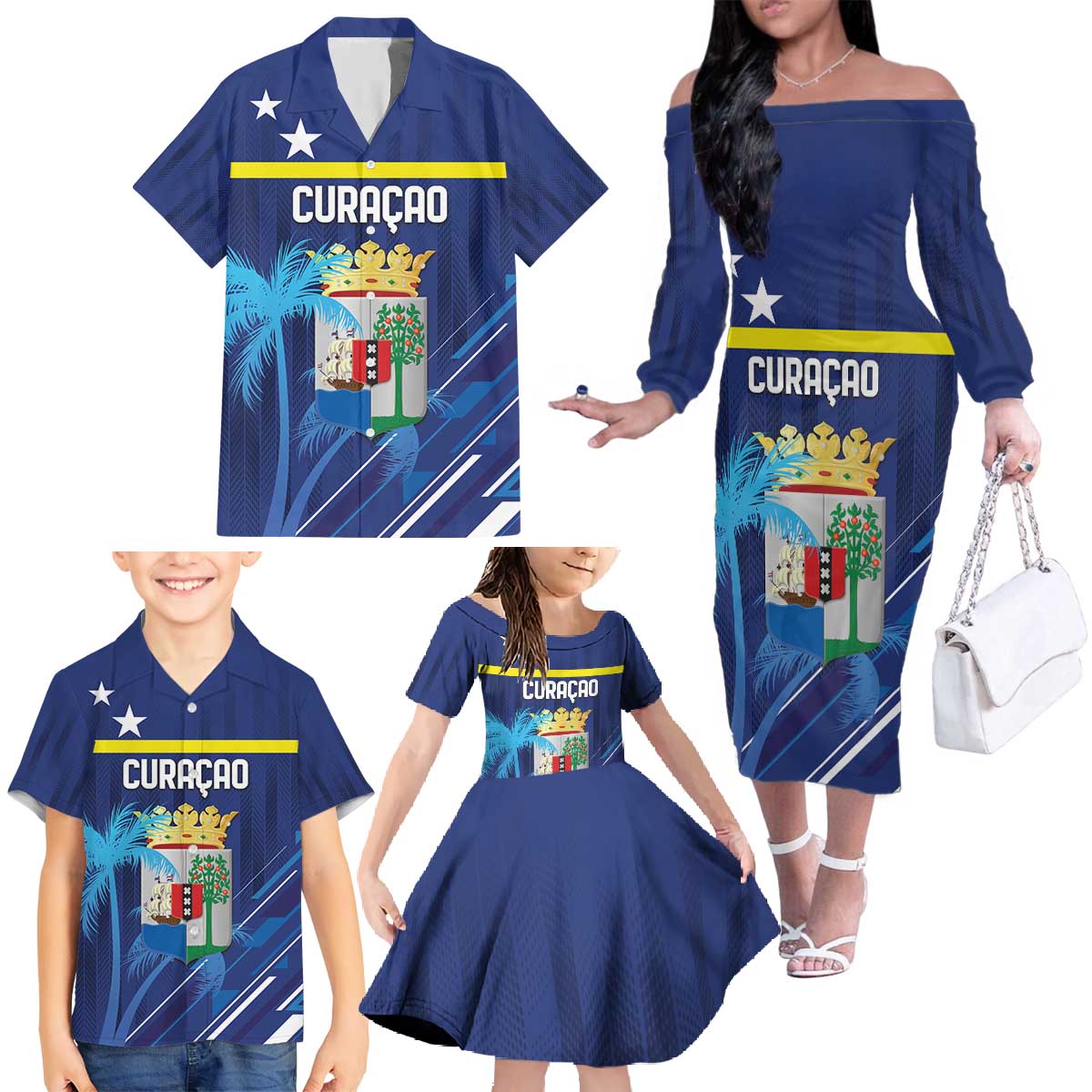Personalized Curacao Flag Day Family Matching Off The Shoulder Long Sleeve Dress and Hawaiian Shirt Dia di Bandera