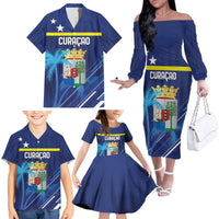 Personalized Curacao Flag Day Family Matching Off The Shoulder Long Sleeve Dress and Hawaiian Shirt Dia di Bandera