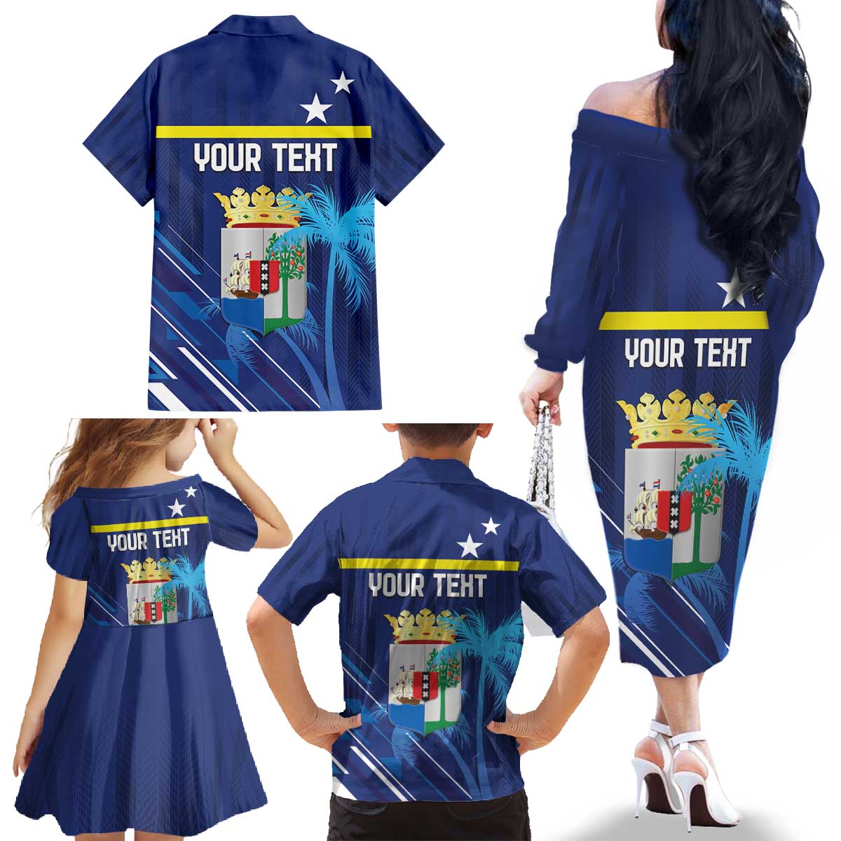 Personalized Curacao Flag Day Family Matching Off The Shoulder Long Sleeve Dress and Hawaiian Shirt Dia di Bandera