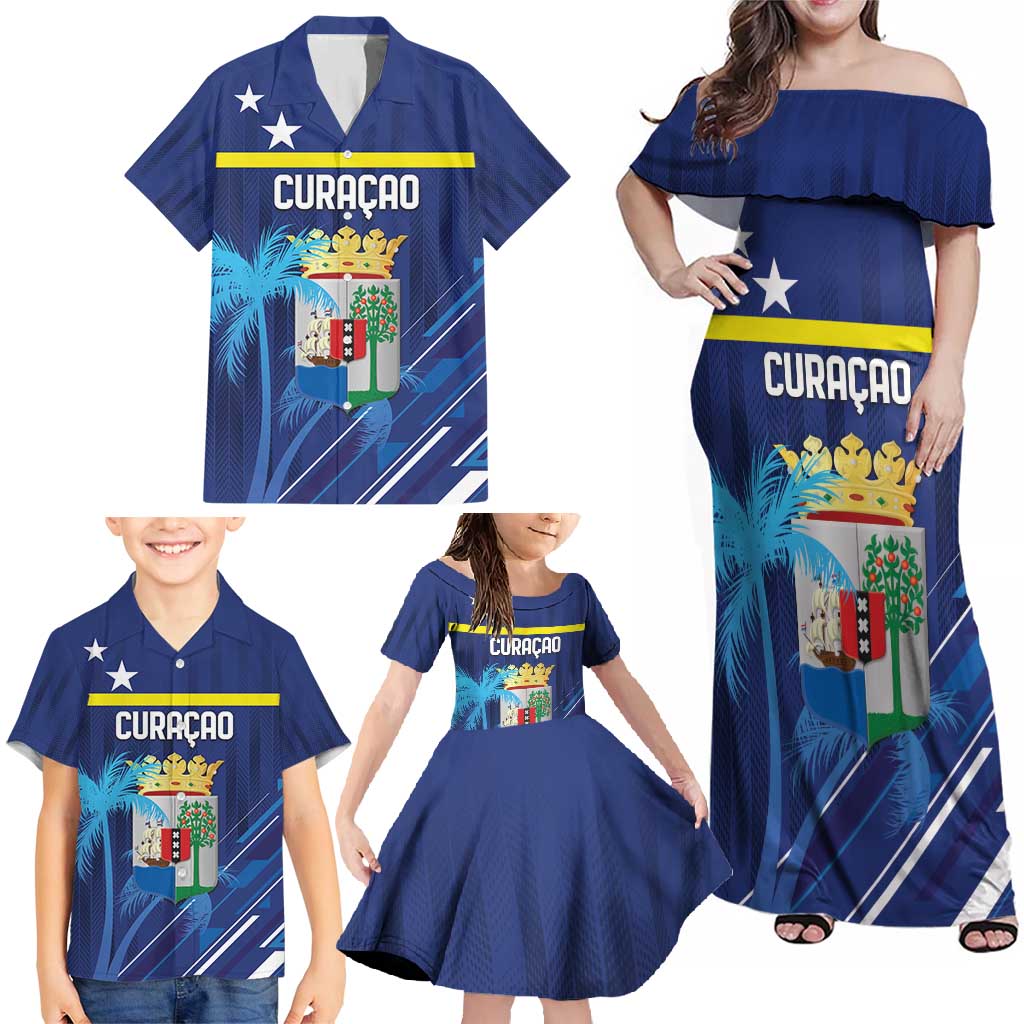 Personalized Curacao Flag Day Family Matching Off Shoulder Maxi Dress and Hawaiian Shirt Dia di Bandera