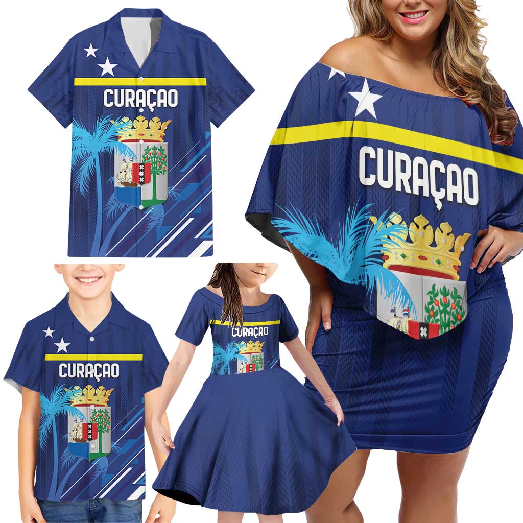 Personalized Curacao Flag Day Family Matching Off Shoulder Short Dress and Hawaiian Shirt Dia di Bandera